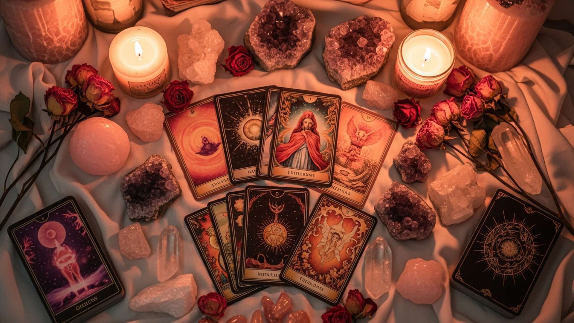 Oracle cards and rose quartz crystals laid out on a table