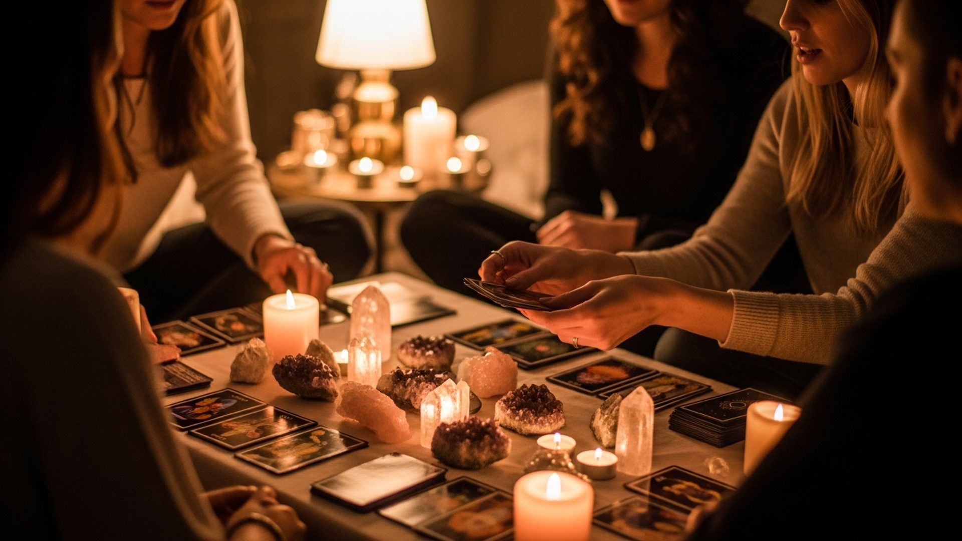 Warm gathering scene — tarot cards, crystals, and candlelight on a table surrounded by friends