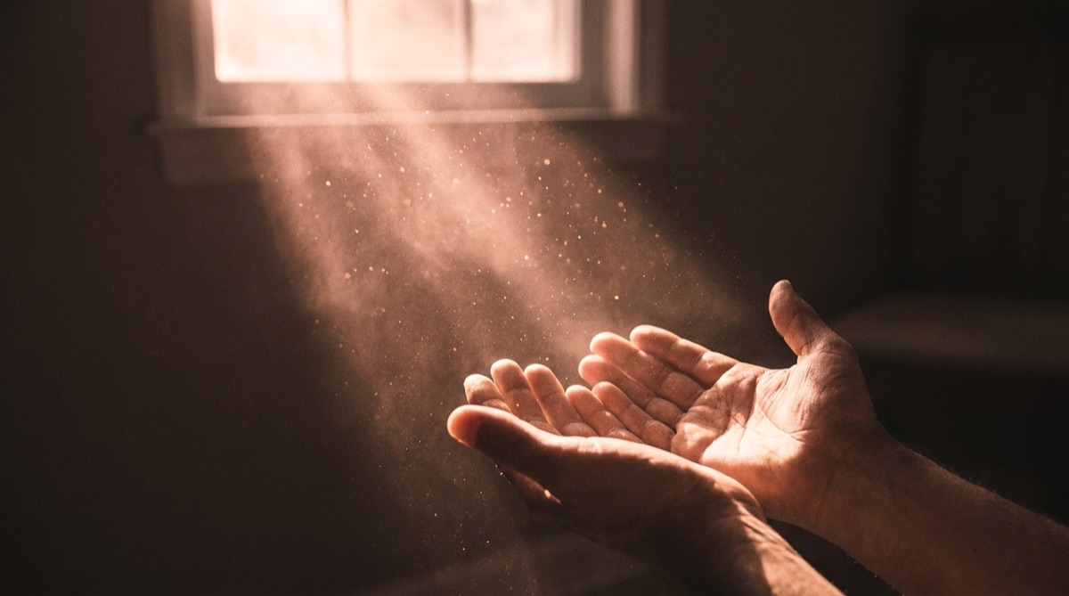 Open hands lifted into warm light, release and clearing