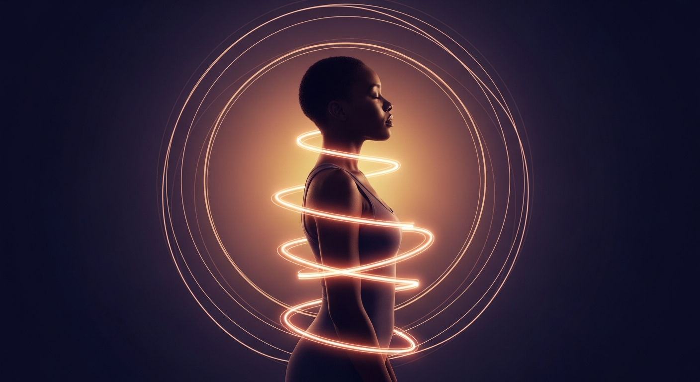 A woman in profile wrapped in a protective rose-gold double-helix of light — the DNA Shielding Activation with Ma'hara