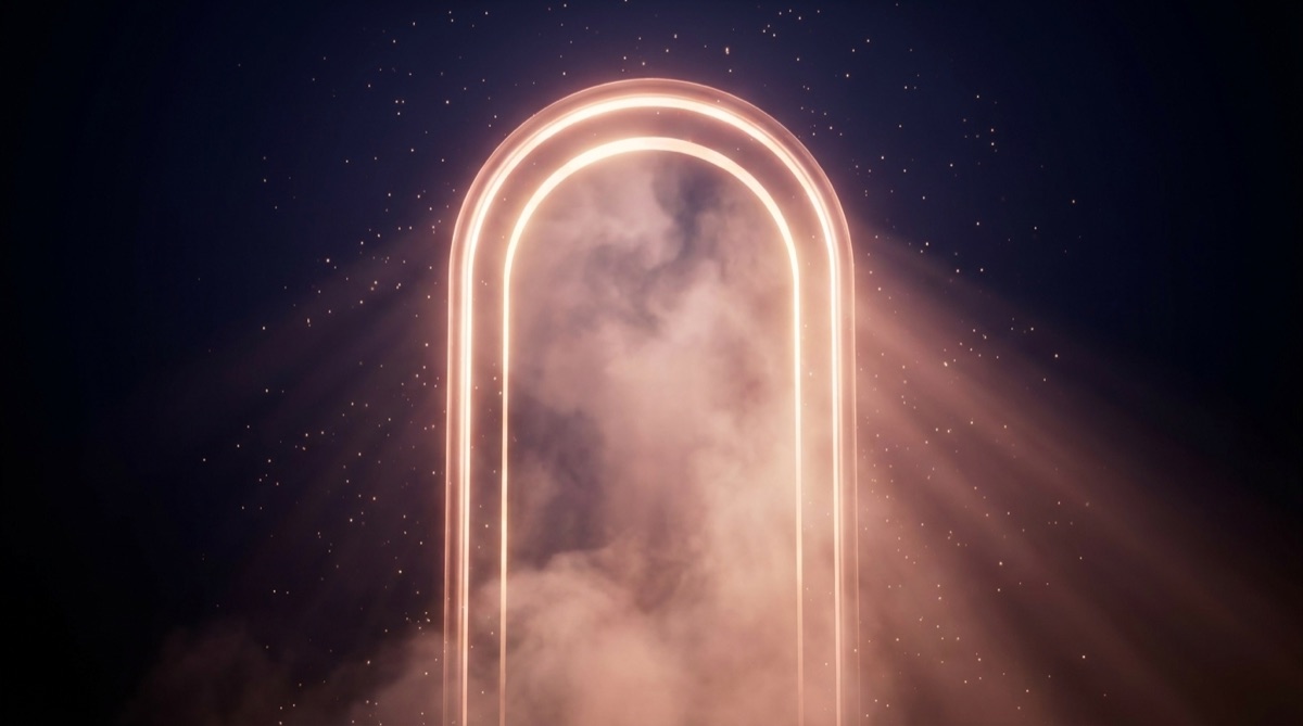 A radiant doorway of light opening in the dark