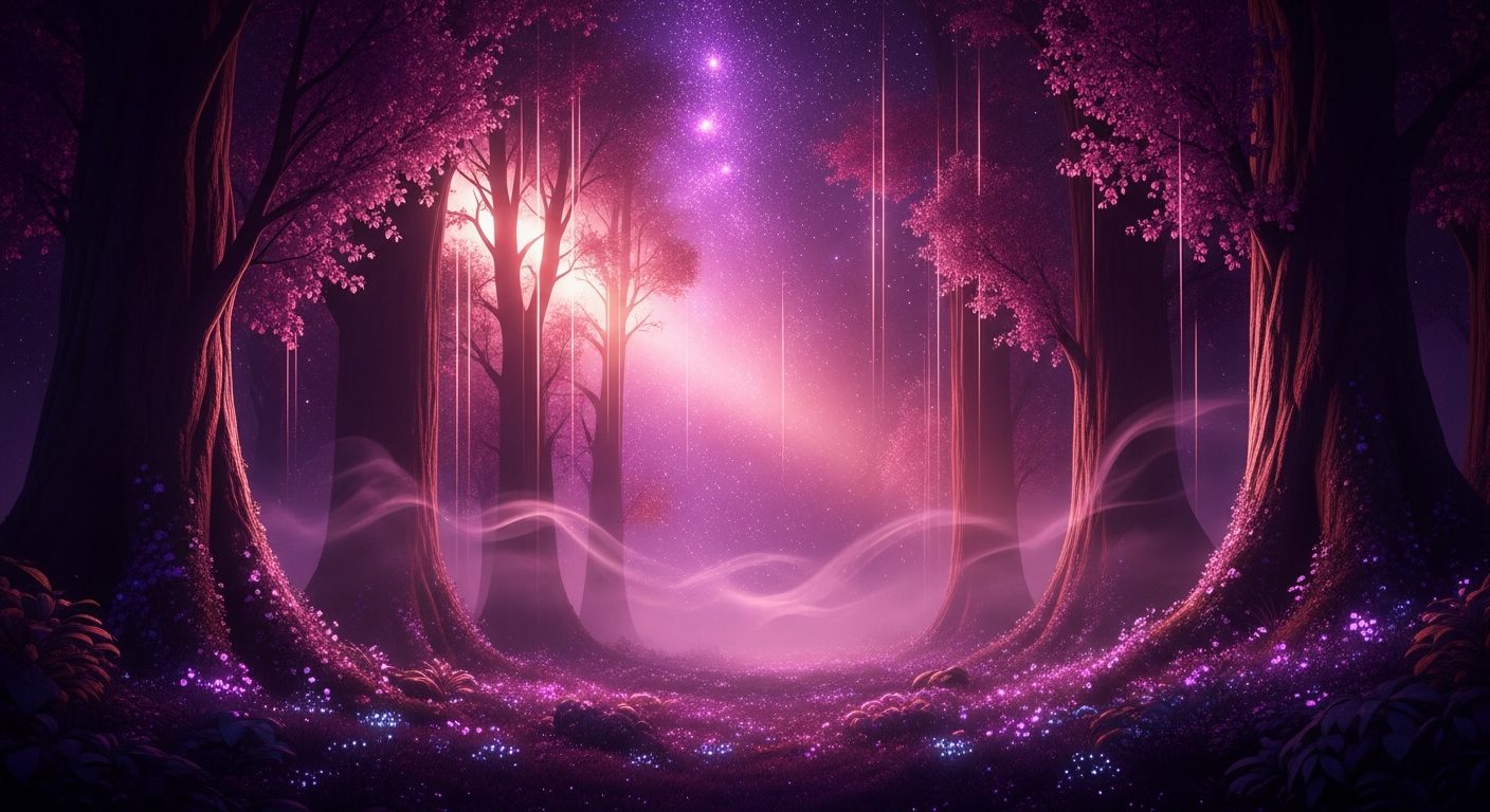 A luminous rose-lit grove, light drifting between the trees