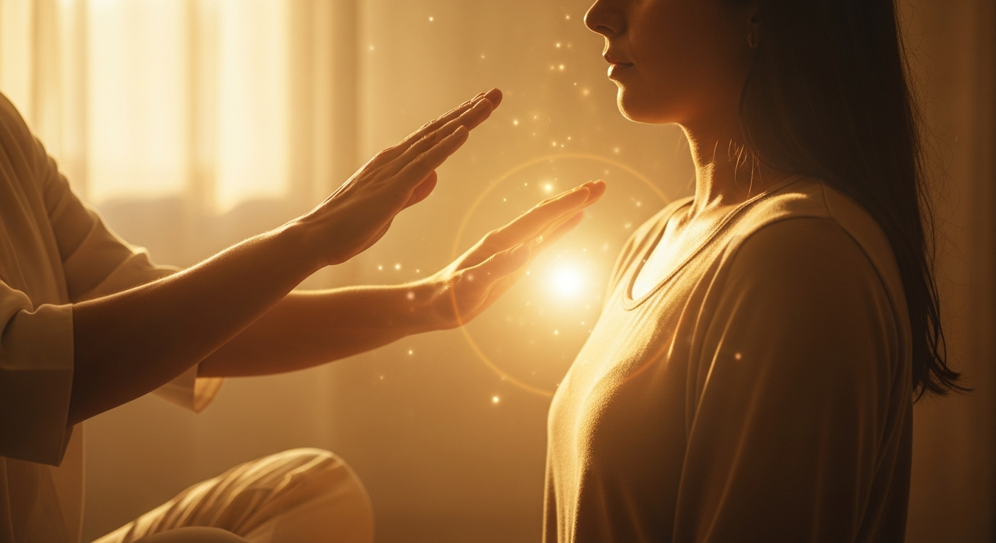 A serene, golden-lit resting space for Reiki