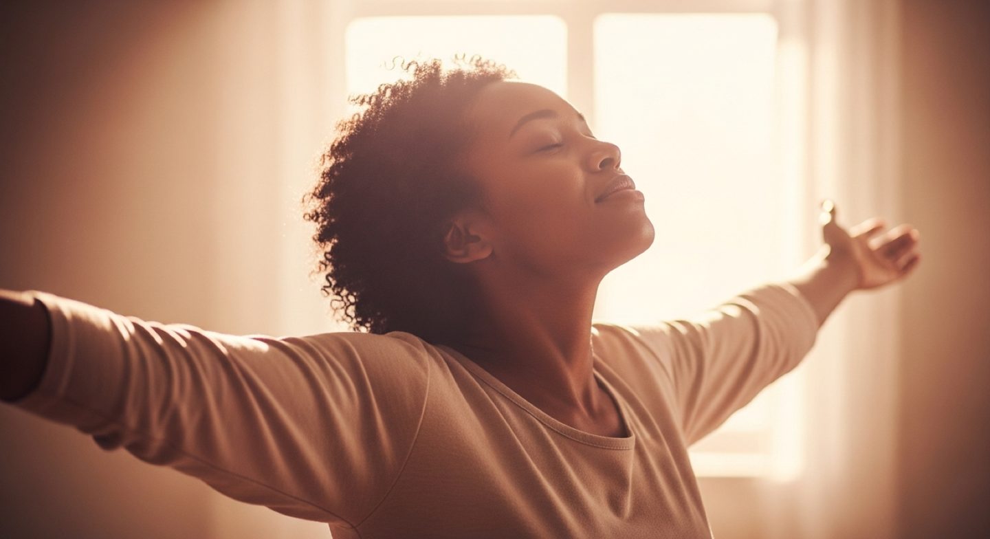 A woman with her arms open in soft window light, releasing what she has been carrying — Energy Clearing with Ma'hara