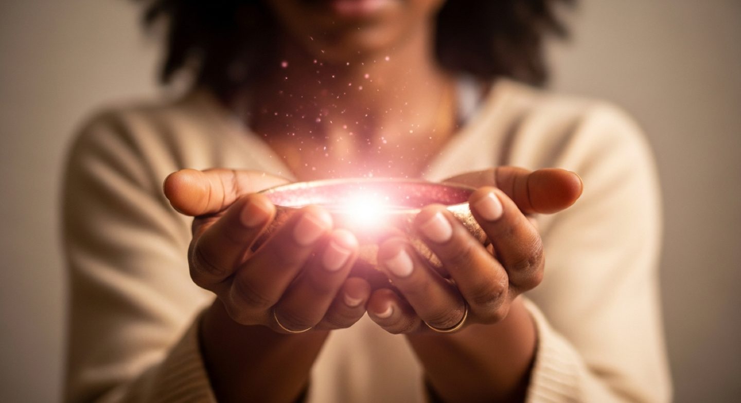 Cupped hands glowing with rose light — energy healing with Ma'hara