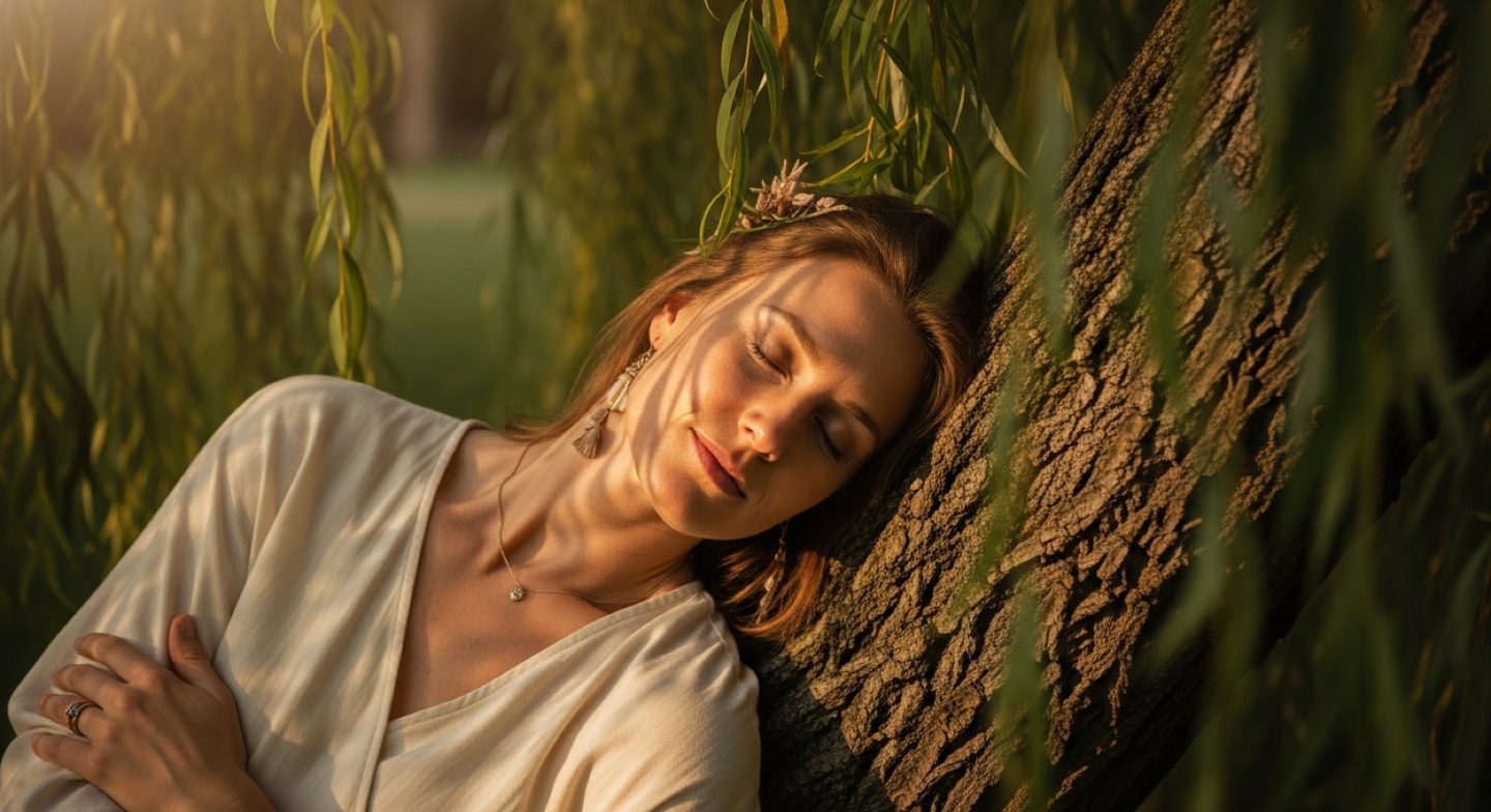A woman resting against a willow tree in warm golden light, eyes softly closed — Reiki Healing with Ma'hara