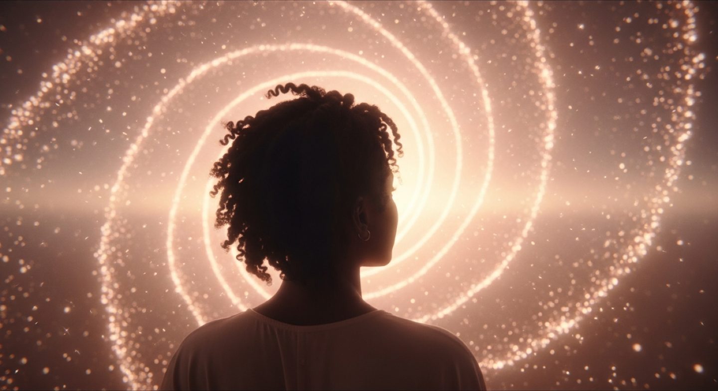 A woman silhouetted before a glowing golden spiral of light — the Spiral of Remembrance with Ma'hara