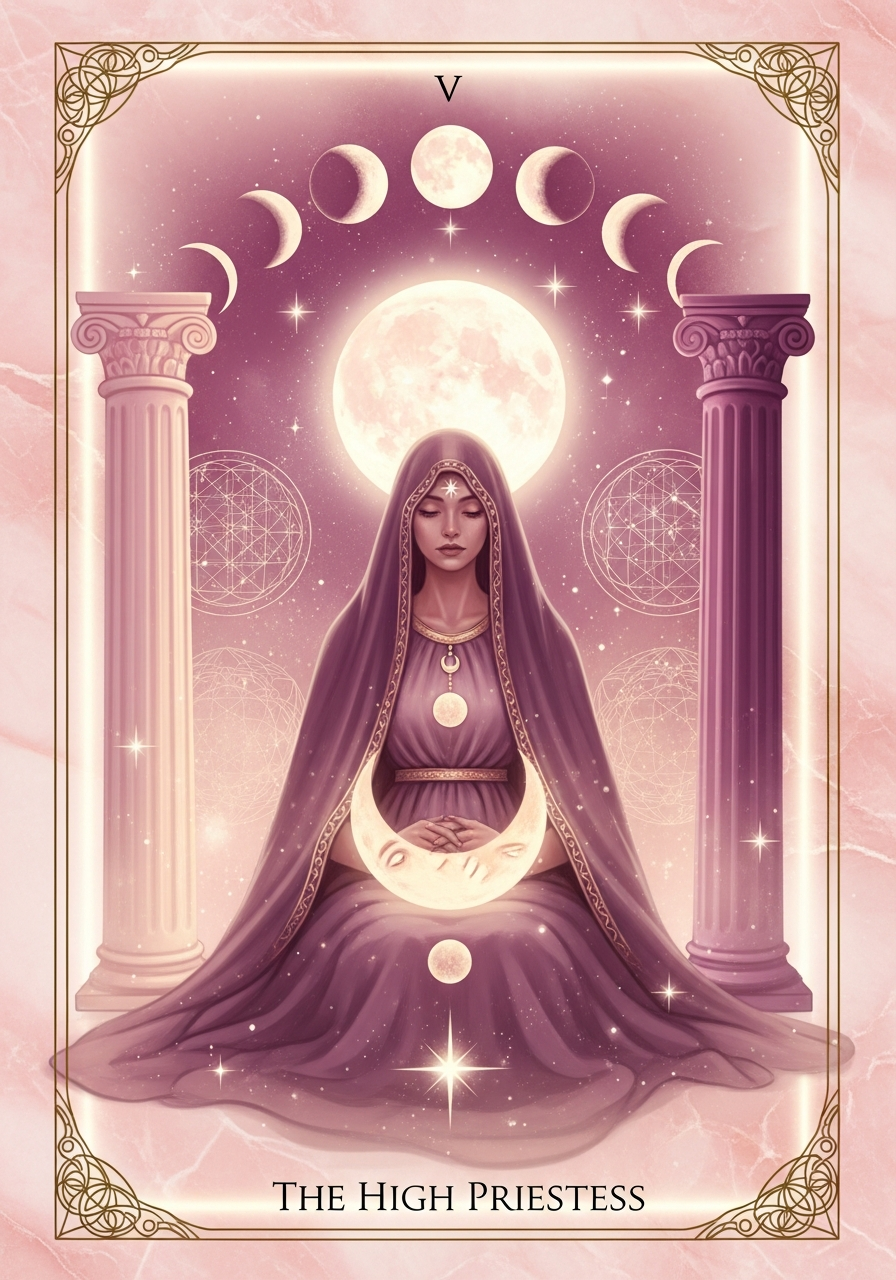 The High Priestess tarot card — rose quartz marble with gold borders