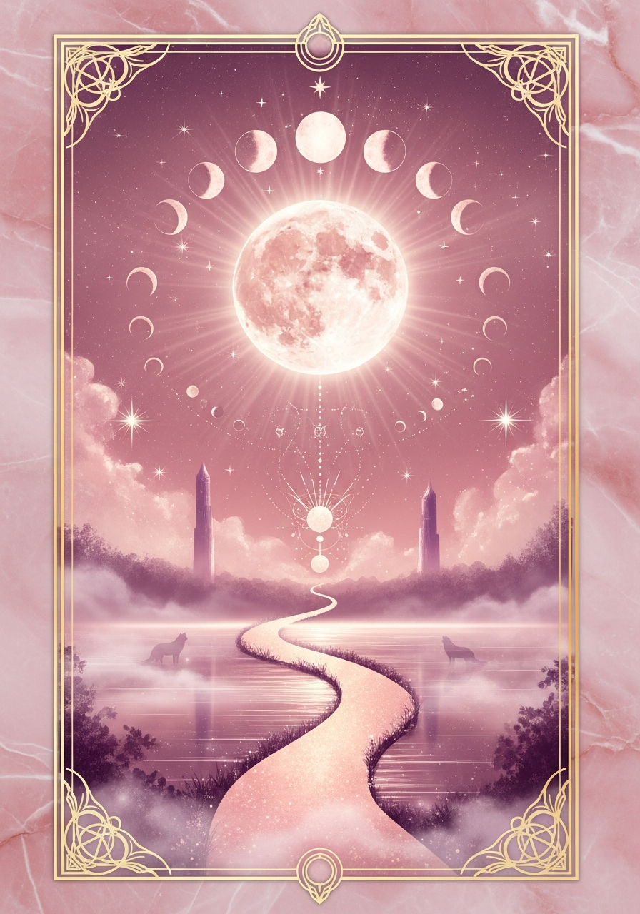 The Moon tarot card — rose quartz marble with gold borders and moon phases